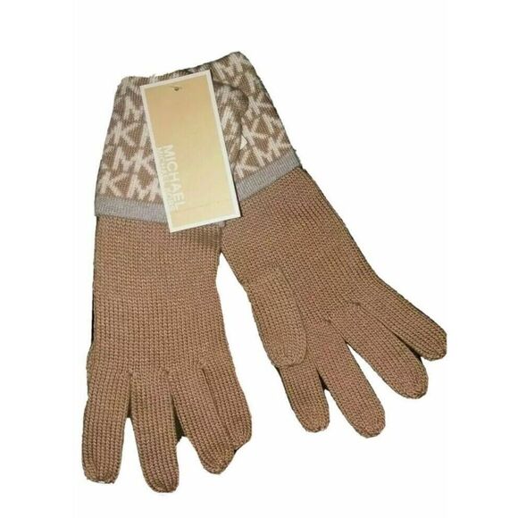 Michael Kors Acrylic Gloves Tan White Gray w/Fold-over Logo Cuffs One Size - Picture 3 of 5